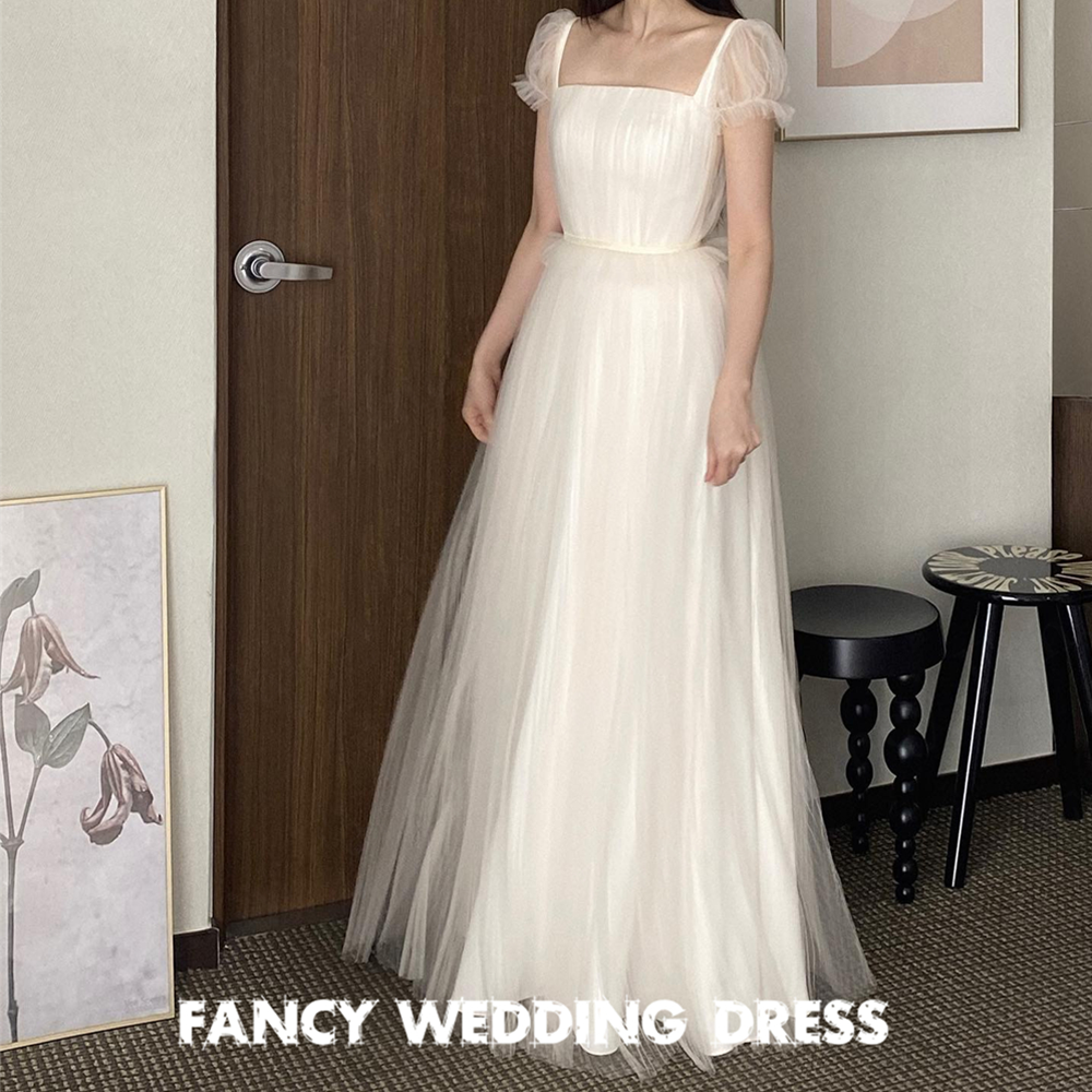 Fancy Korea Square Neck Wedding Dress Photo Shoot A Line Soft Tulle Bridal Gown