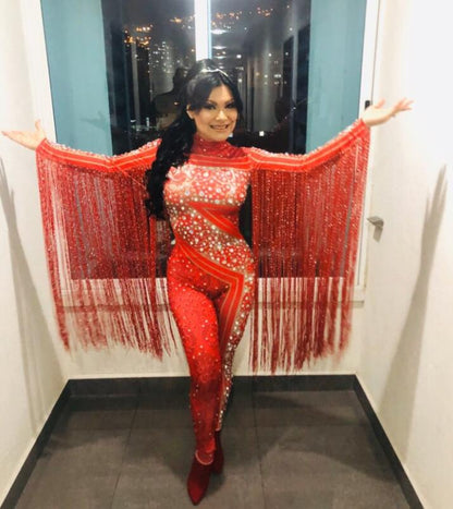 Red Fringes Rhinestones Jumpsuit Stage Bodysuit Celebrate Dance Tassel Costume image 5