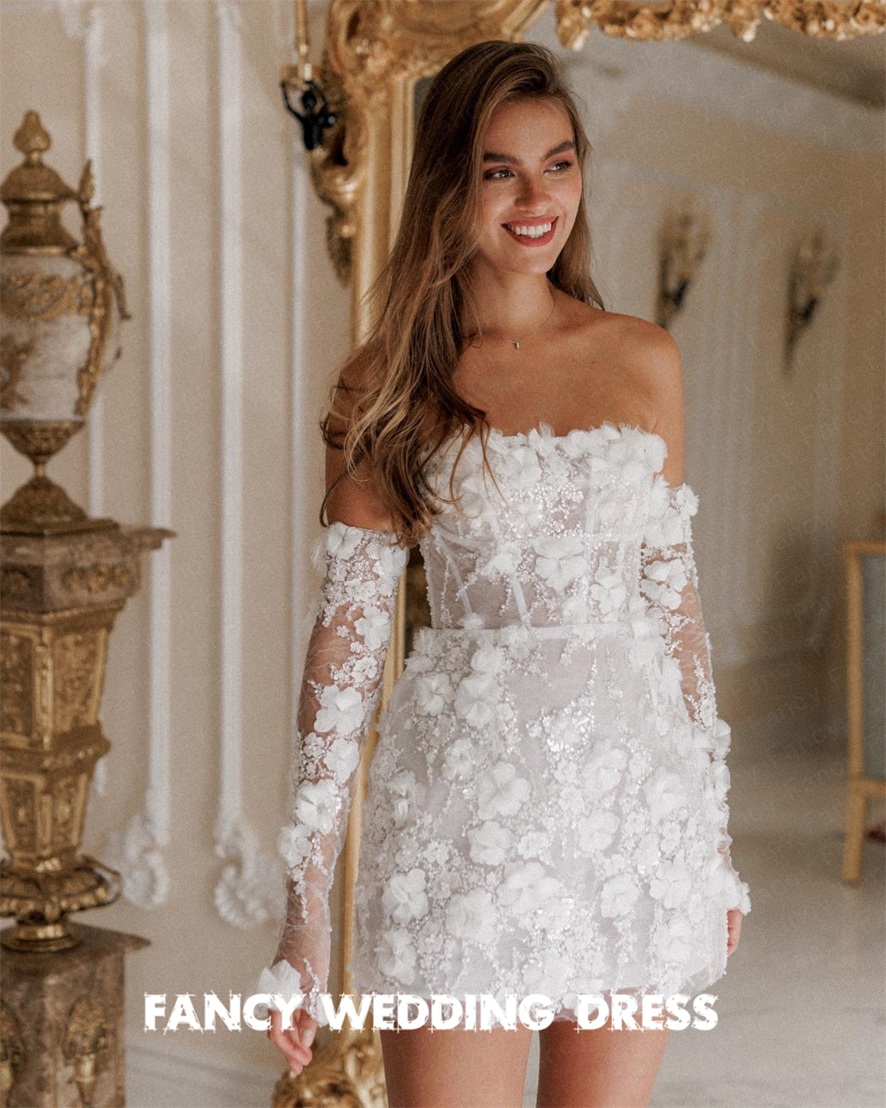 Fancy Sexy Knee Mini Short Wedding Dress Saudi Arabia Lace Flower Printing Brid image 1