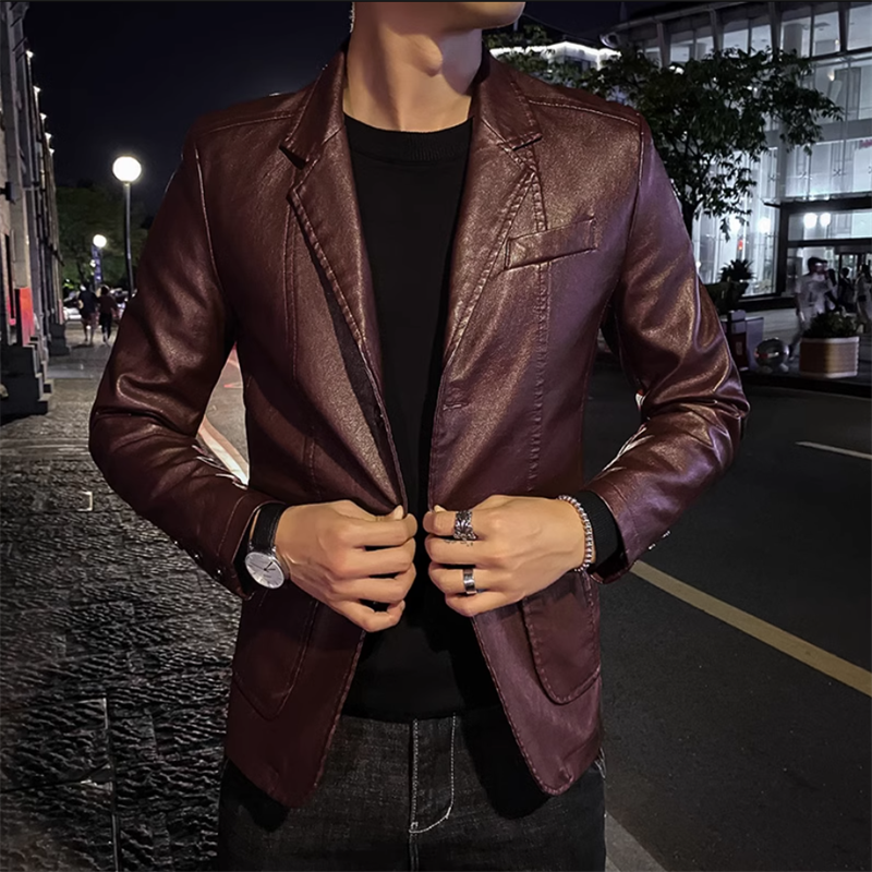 2024 New Men Business Casual Leather Jacket Black / khaki Fashion Male Suit Col image 9
