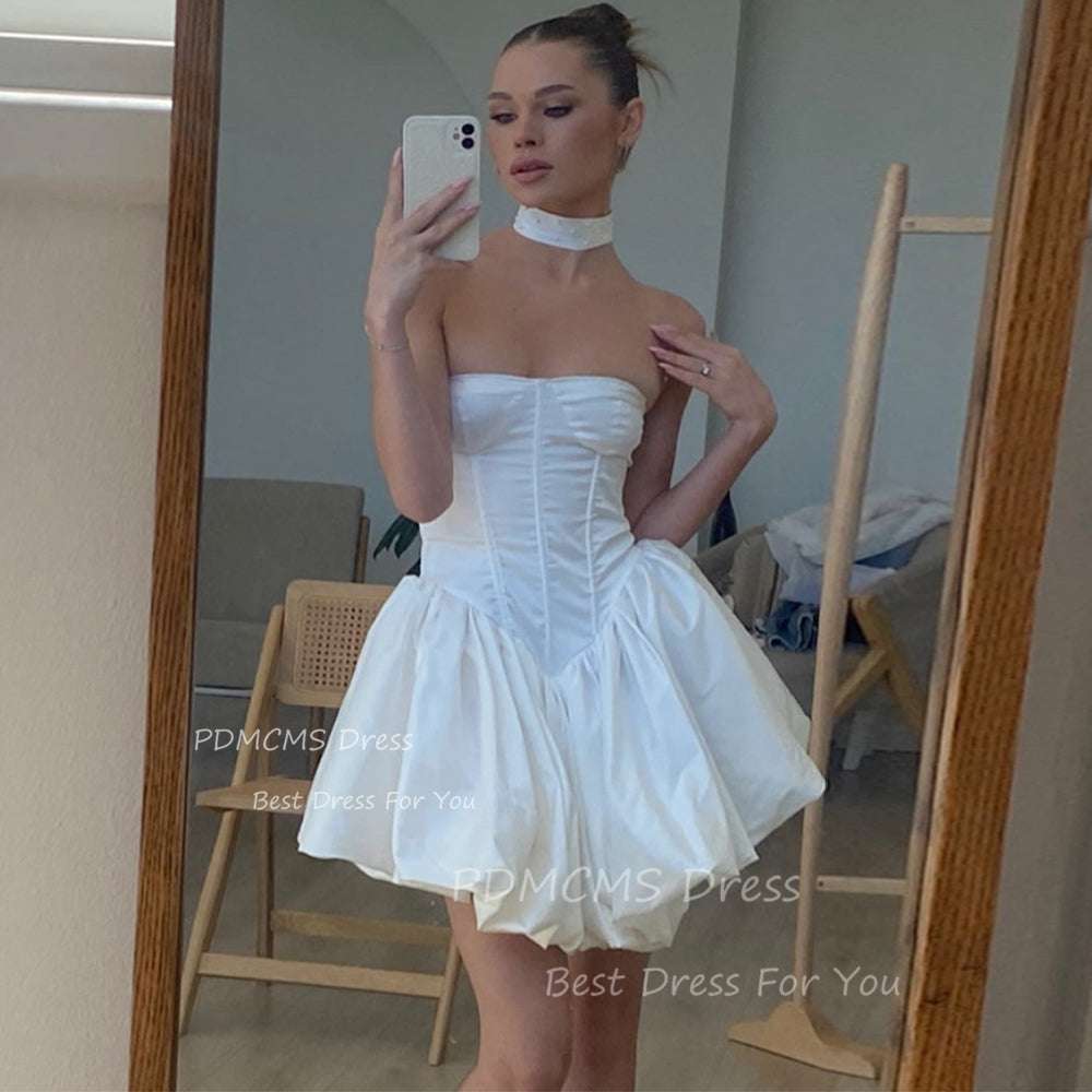Ivory A Line Short Wedding Party Dresses Draped Satin Strapless Bridal Gow