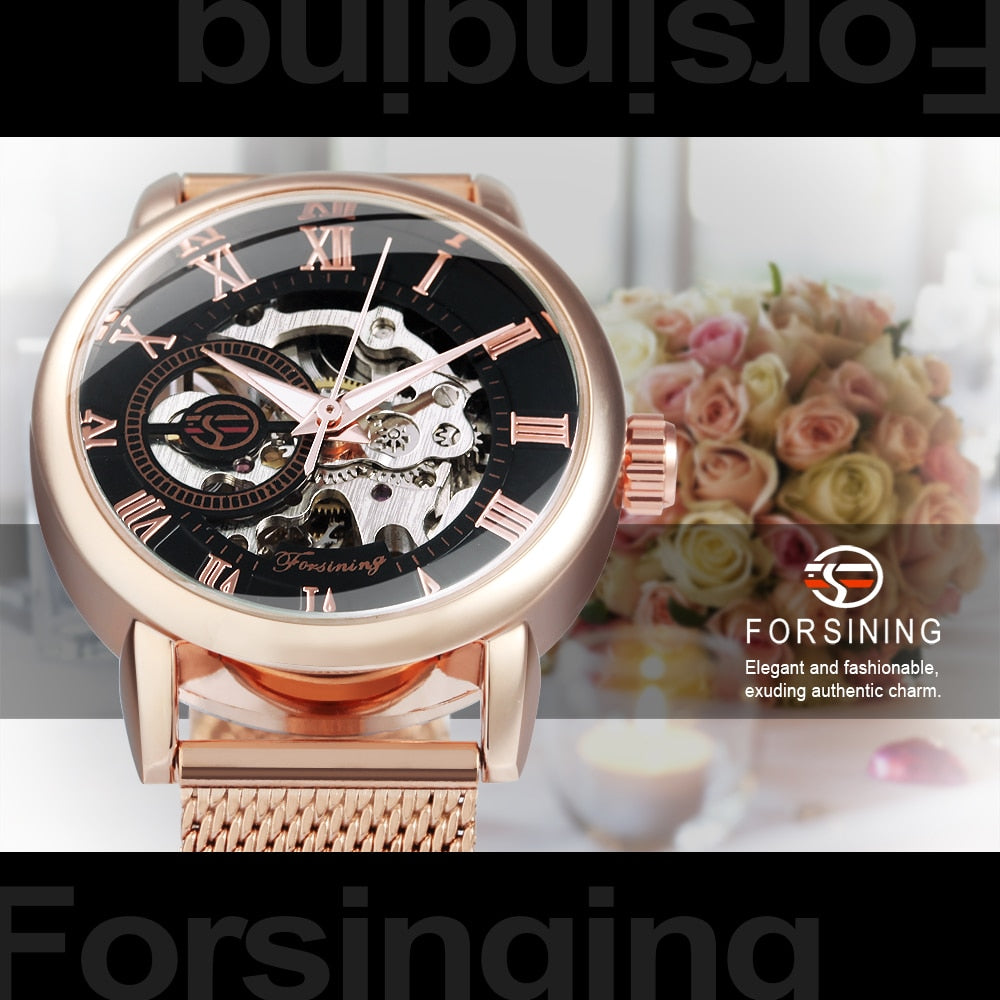 Forsining Rose Gold Skeleton Mechanical Watch for Women Fashion Luminous Hands  image 3