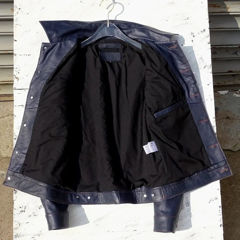 YR.Cuero  slim blue genuine leather jacket.men classic casua image 4