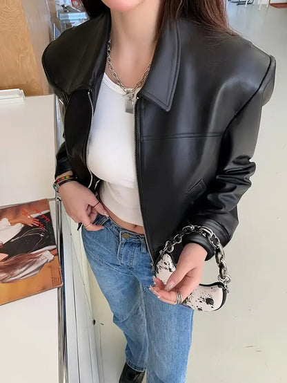 Women Fashion PU Motorcycle Jacket Zipper Pocket Leather Short Jacket image 1