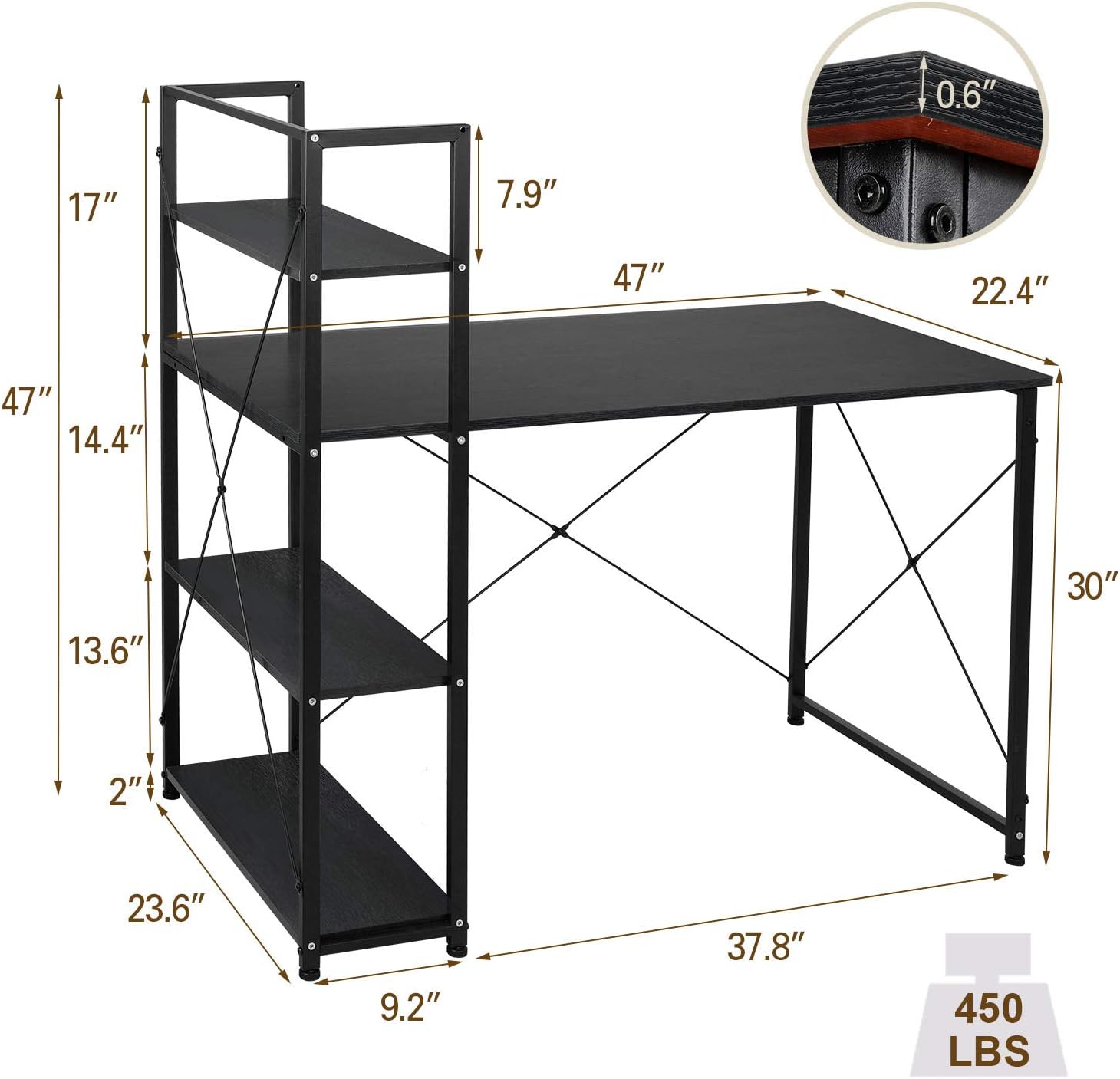 Aoou Computer Desk With 4 Tier Shelves, 47' Study Writing Table For Home Office