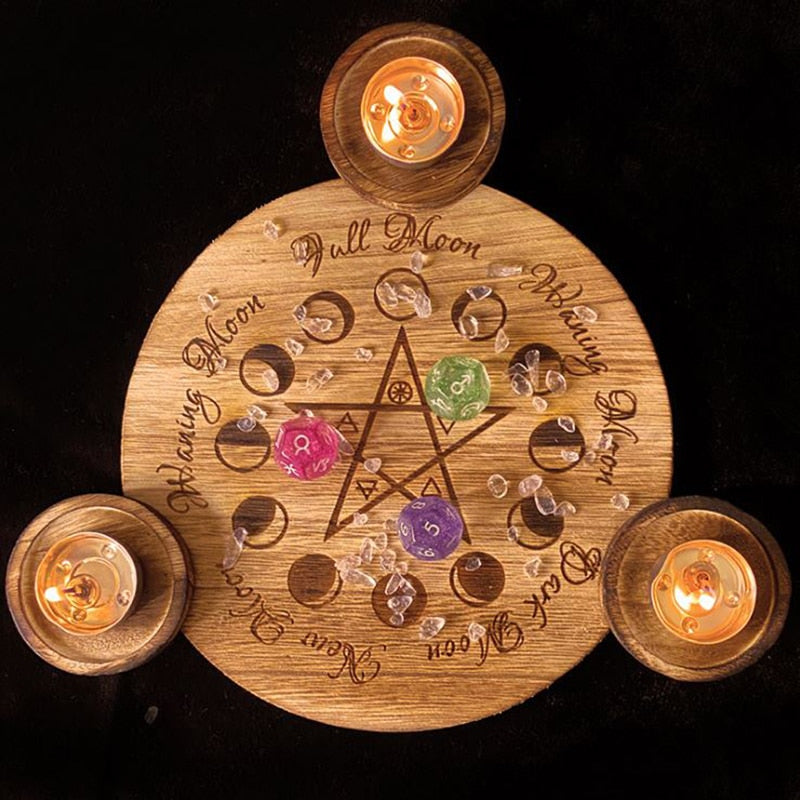Astrology Pentagram wood Candlestick table Pentacle altar plate Triquetra woode image 1