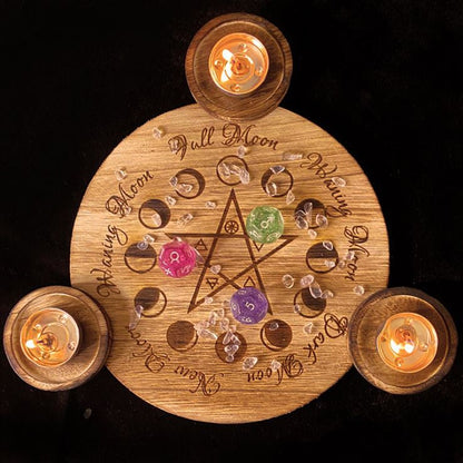 Astrology Pentagram wood Candlestick table Pentacle altar plate Triquetra woode image 1