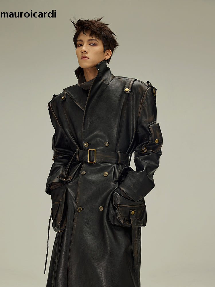 Mauroicardi Spring Autumn Long  Distressed Black Pu Leather Trench Coat Men Bel image 1