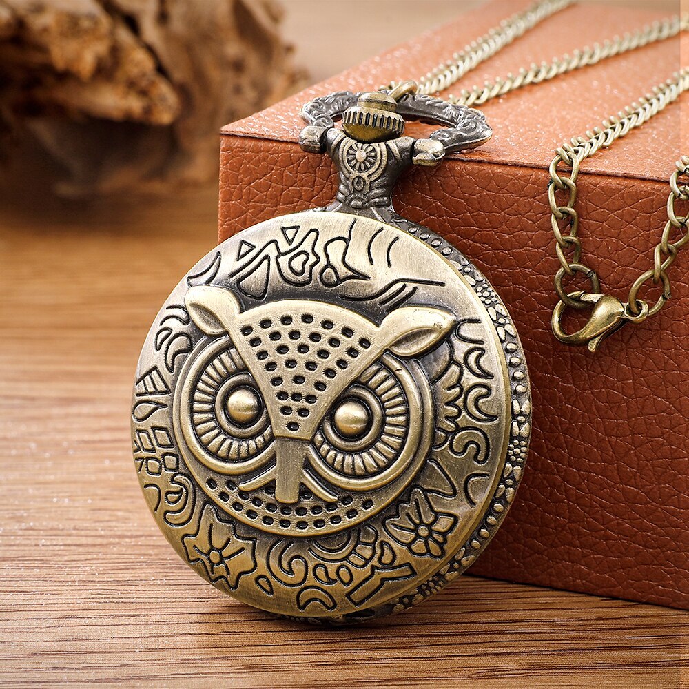Antique Bronze Night Owl Necklace Quartz Pocket with Chain Necklace Vintage Qua image 1