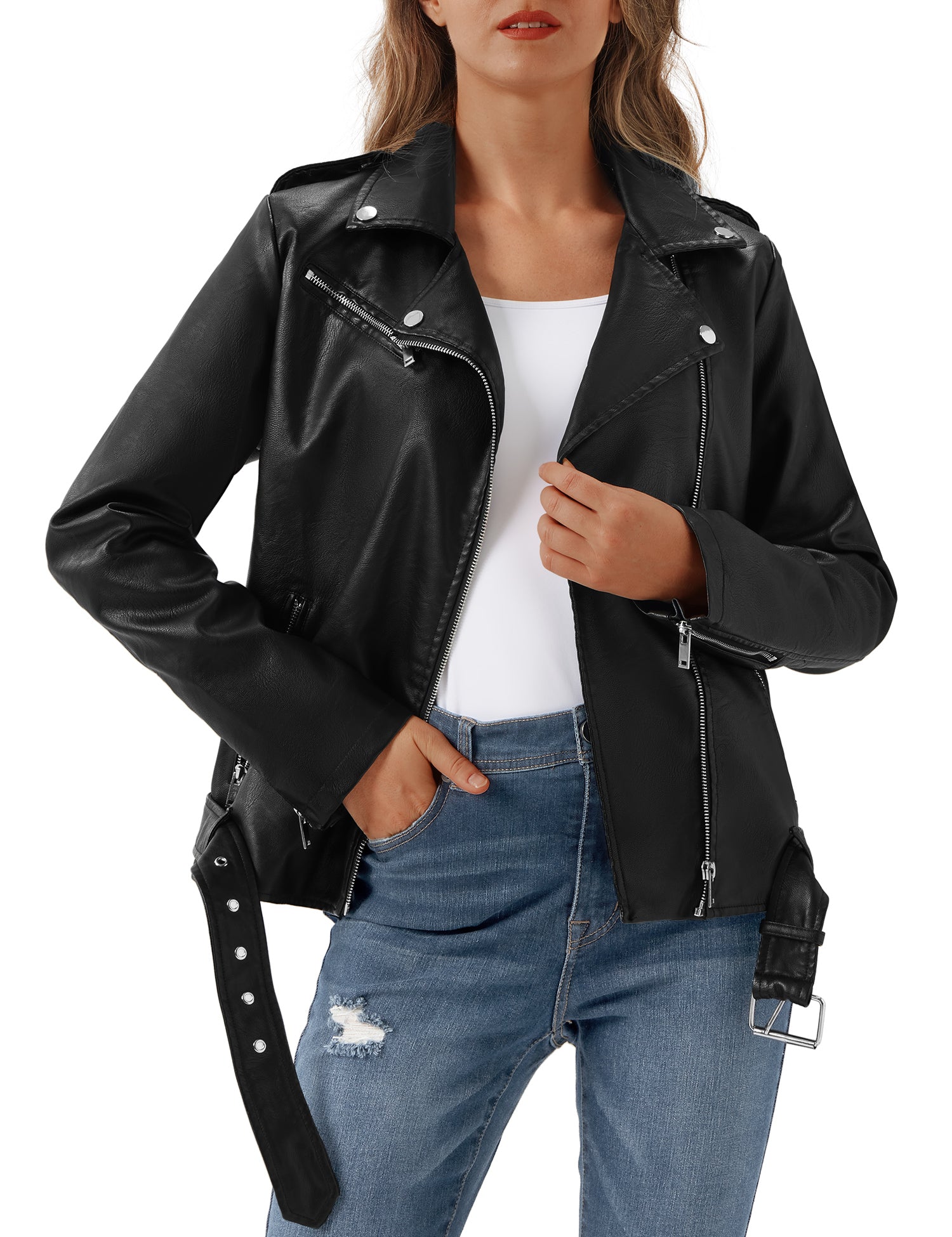 UR Women Faux Leather Jacket Black Motorcycle Moto Biker Short Coat