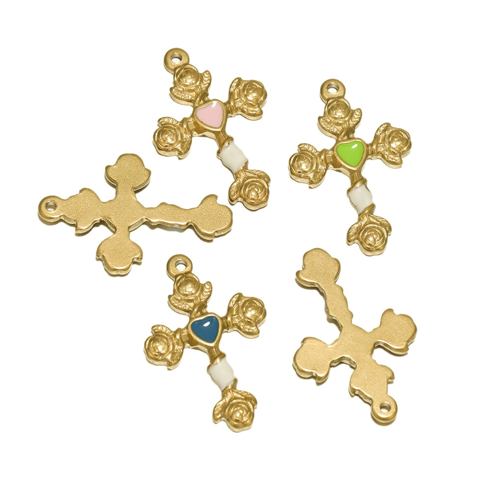 5pcs Stainless Steel Gold Color Plated Enamel Flower Cross Charms Findings Wome image 8