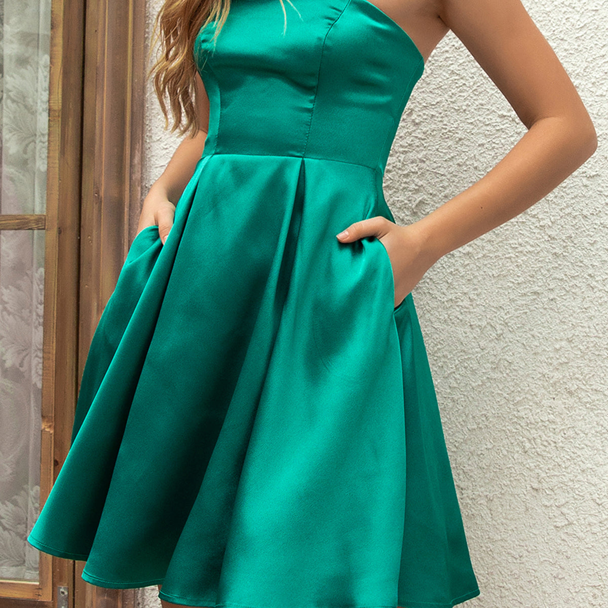 Angel-Fashions Women's Strapless Lace Up Back Satin Tube Pocket Summer A-Line S image 3