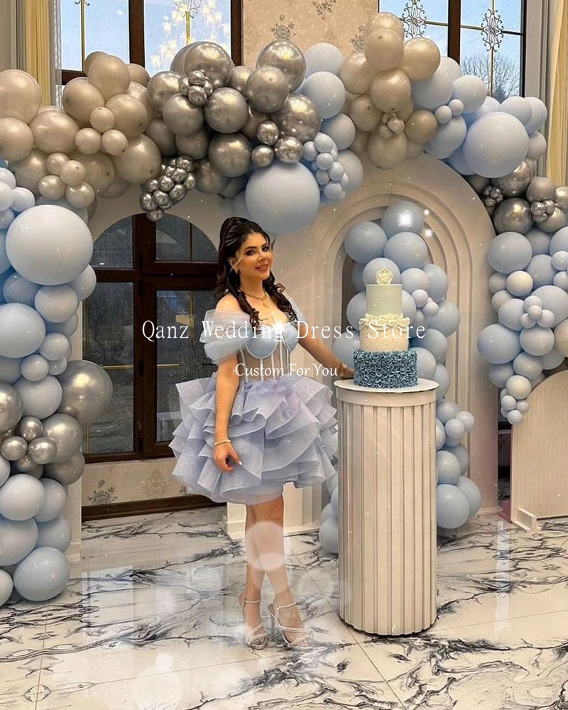 Qanz Short Sky Blue Homecoming Dresses Above Knee/Mini Shiny Tulle Vestidos De  image 2