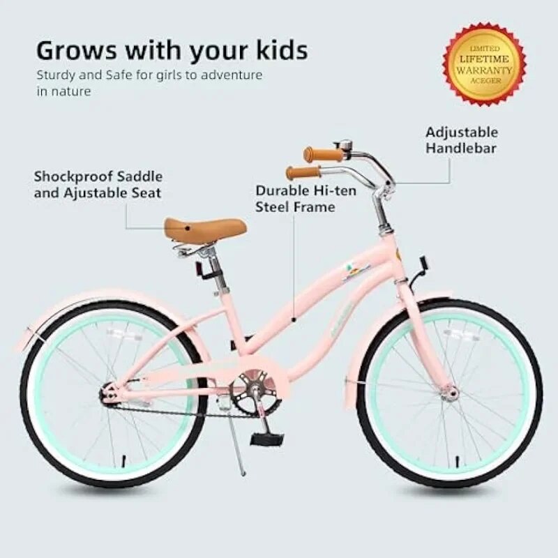 Girls Beach Cruiser Bike for Kids 5-13 Years , Kids Bicycle Included Coaster