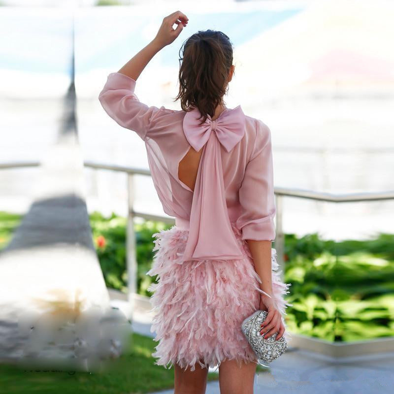 Pink Cocktail Dresses Sheath 3/4 Sleeves Short Mini Chiffon Feather Bow