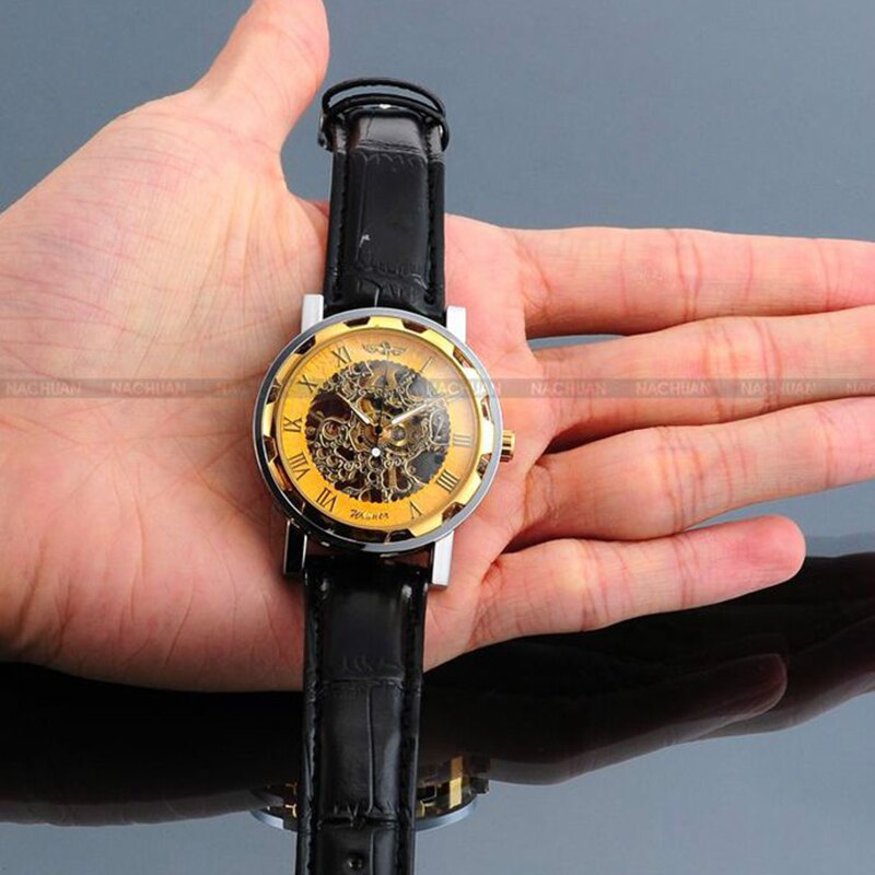 Men Mechanical Wrist Watch With Black Leather Strap 1pc Luxury Fashion Stainles image 5