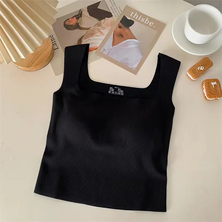 New Wide Shoulder Camisole Square Neck  Back Threaded Vest Women's Sea image 1