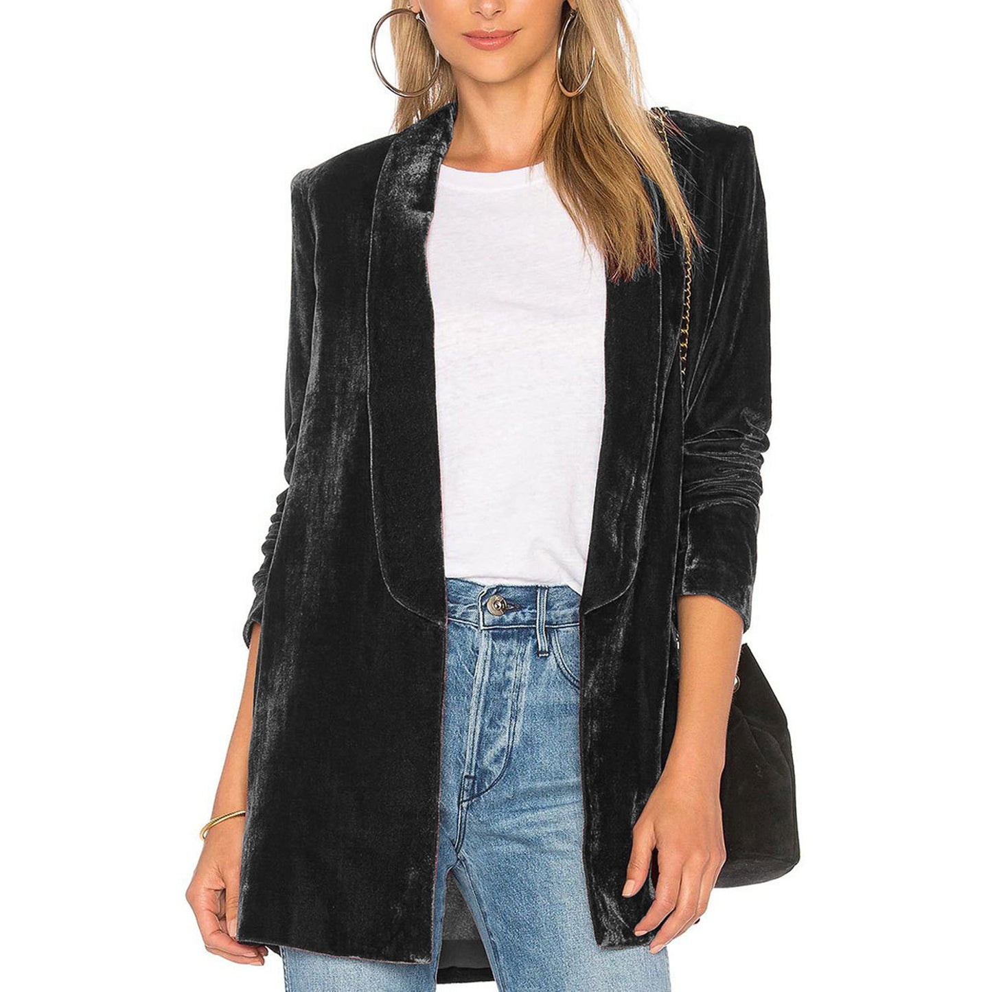 Women Casual Pleuche Blazer Adults Open Front Solid Color Long Sleeve Lapel Sui image 2