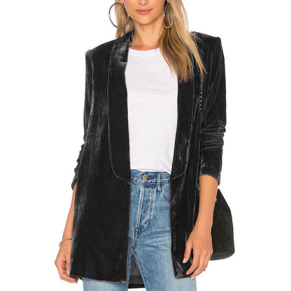 Women Casual Pleuche Blazer Adults Open Front Solid Color Long Sleeve Lapel Sui image 2