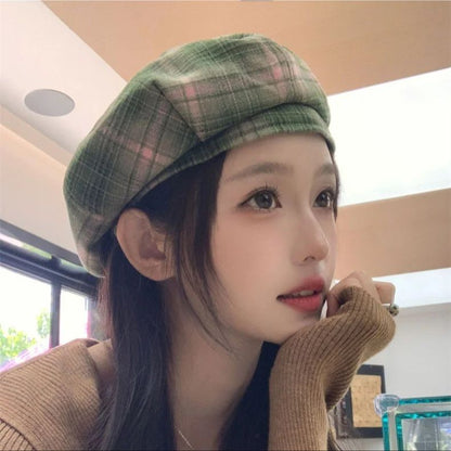 Fresh Brushed Plaid Beret Girls Fashion Painter Hat Literary Show Face Small Ne image 10