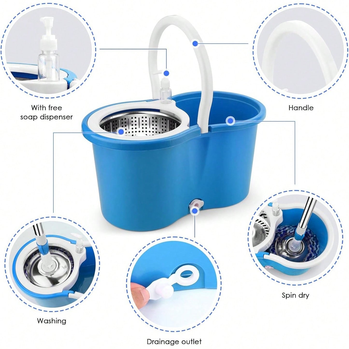 Spin Mop Bucket Set with Soap Dispenser 360°Rotating 2 Microfiber Heads 61" Adj image 7