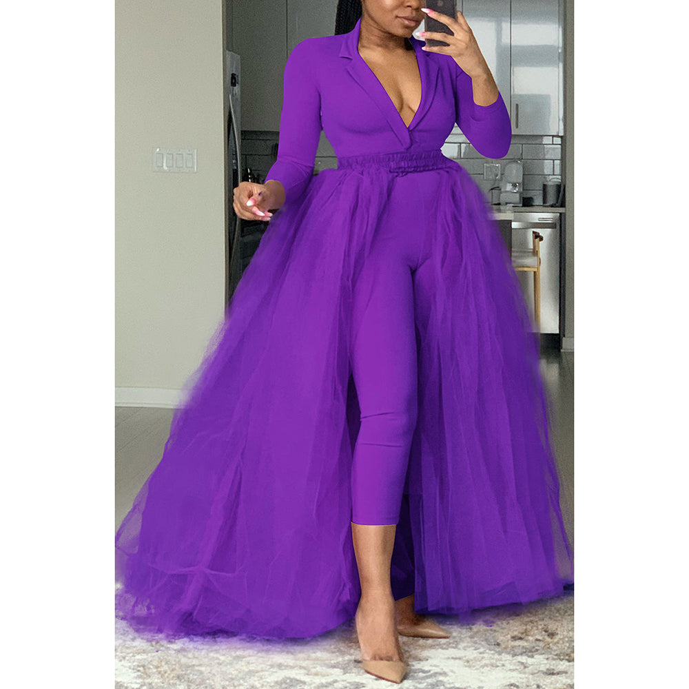 Plus Size Casual  V Neck Tulle Solid Long Sleeve Pants Jumpsuits image 1
