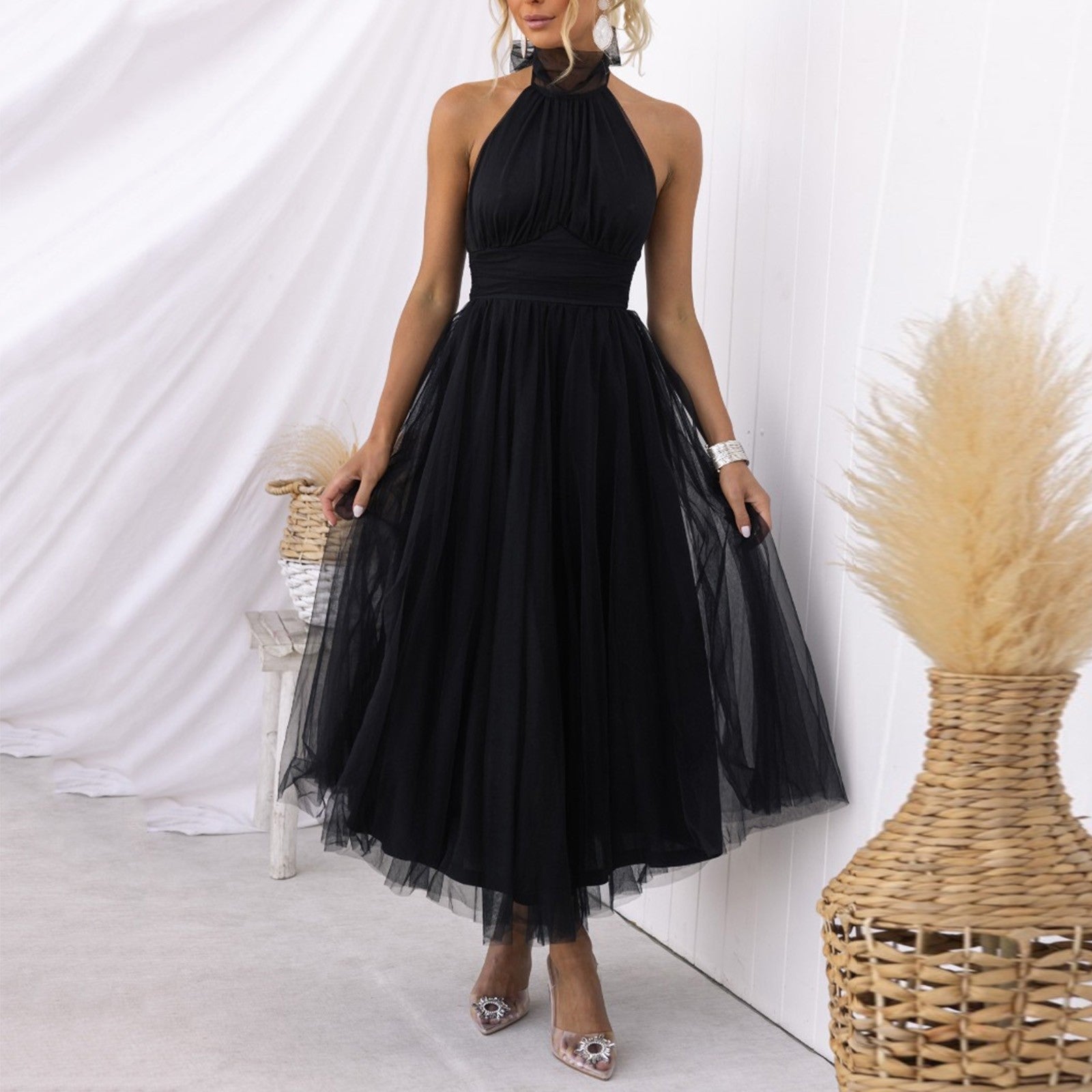  Halter Holiday Party Dress Women Off Shoulder Mesh Backless Pleated Dress  image 3