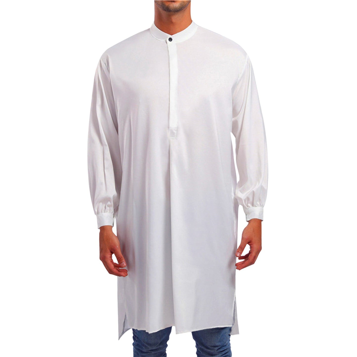 Men'S Spring Autumn Arab Long Gown Robe Shirt Solid Long Sleeve Button Down Mus image 1