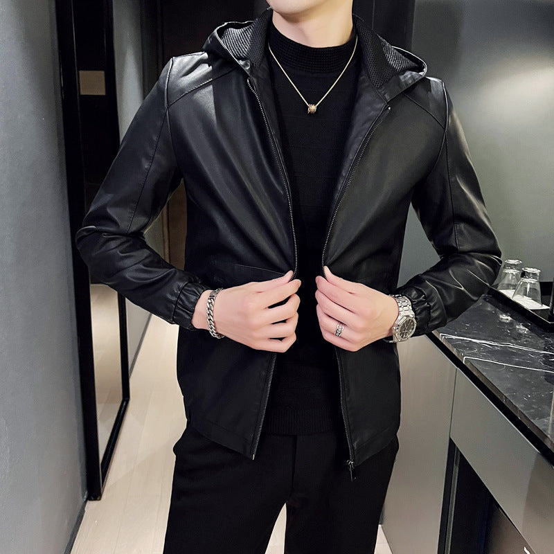 Autumn Men's Vintage Hooded PU Leather Jacket Fashion Motorcycle Windproof Outw image 4