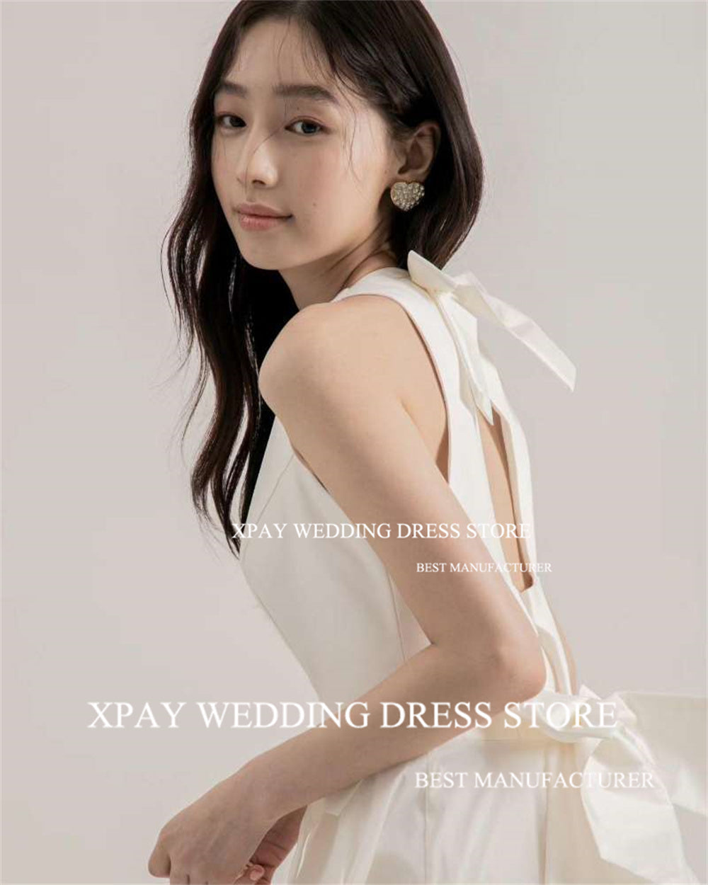 XPAY O Neck Korea Wedding Dresses Ruched Tiered Cut Out Back Wedding Pograph image 2