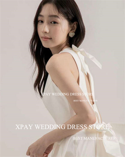 XPAY O Neck Korea Wedding Dresses Ruched Tiered Cut Out Back Wedding Pograph image 2