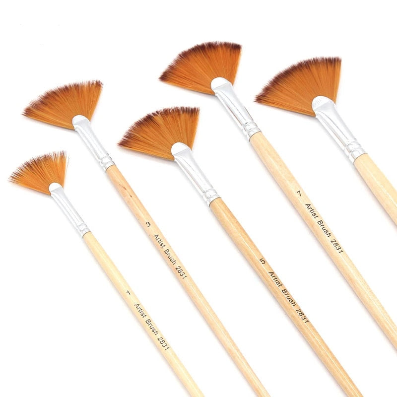5Pcs/Set Creative Fan Shap Gouache Painting Pen High Quality Nylon Hair Wooden image 4