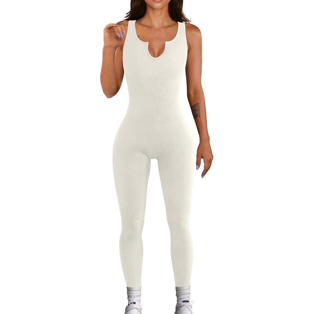 Women's One-Piece Ribbed Yoga Sports Jumpsuit Solid Color Sleeveless Slimming B image 4