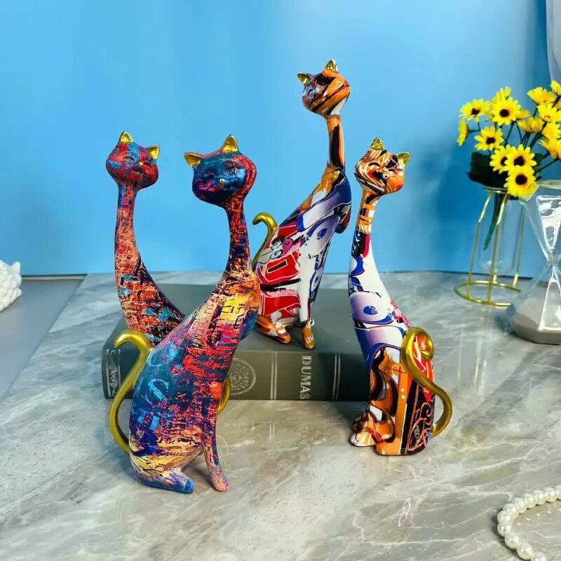 Nordic Painted Graffiti Cat Decoration Resin Abstract Lovers Cat Statue  Animal image 0