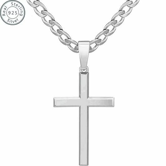 925 Sterling Silver Cross Necklace for Men Women 5mm 18K White Gold Plated Beveled