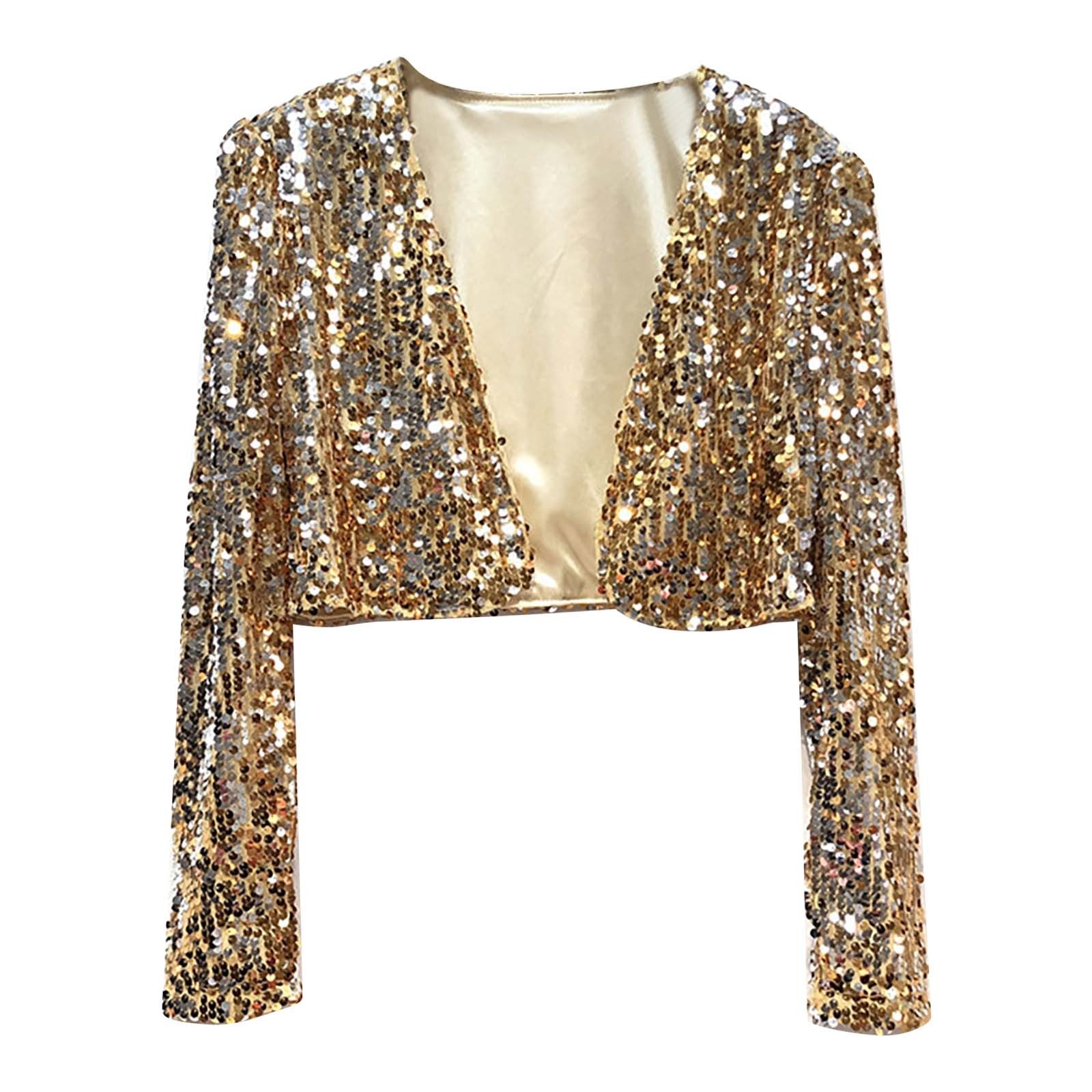 Women Coat Shining Sequined Long Sleeve Cropped Length Open Front Bolero Shrug  image 3