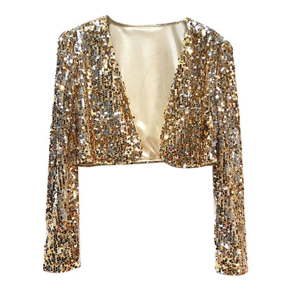 Women Coat Shining Sequined Long Sleeve Cropped Length Open Front Bolero Shrug  image 3