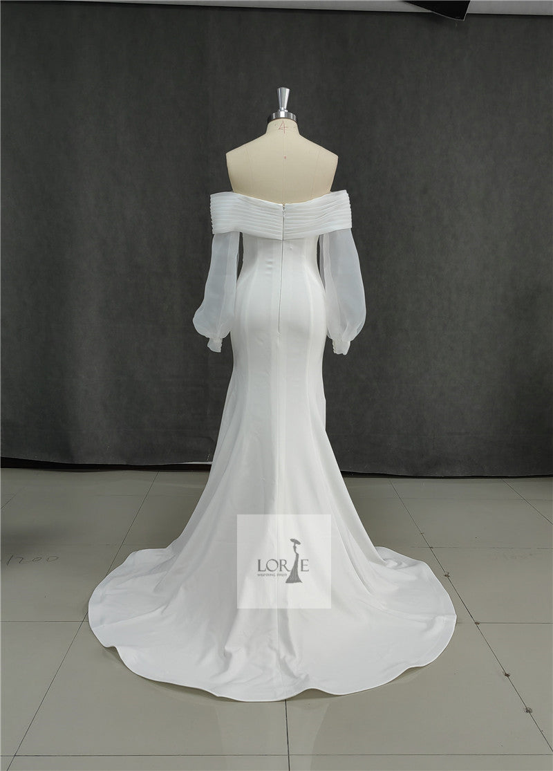 Smileven Satin Mermaid Wedding Dresses Long Fuff Sleeve  Lace Beach Bride D image 6