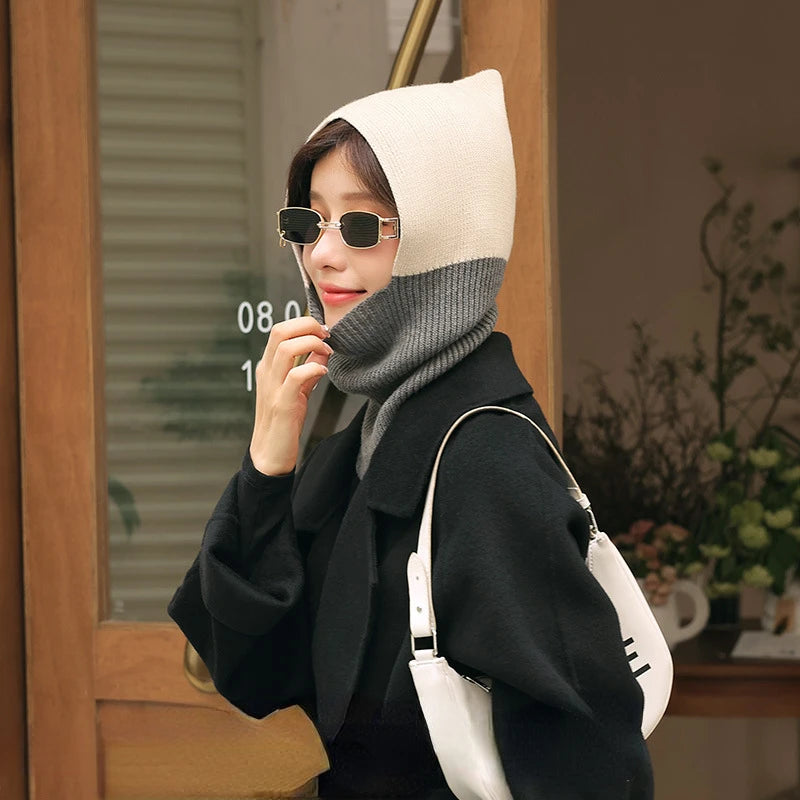 Winter Women Men's Knitted Cotton Hat Scarf Color Matching Two-color Balaclava image 3