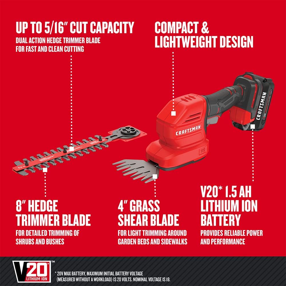 CRAFTSMAN V20 Cordless Handheld Grass Trimmer and Mini Hedge Trimmer Kit image 3
