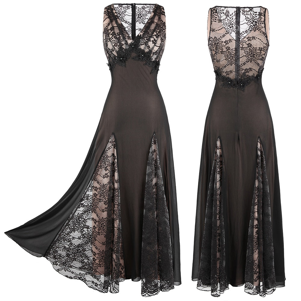 Angel-fashions V Neck See Through Floral Lace Evening Dress Long Splicing