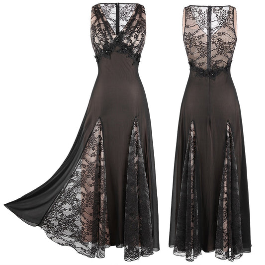 Angel-fashions V Neck See Through Floral Lace Evening Dress Long Splicing