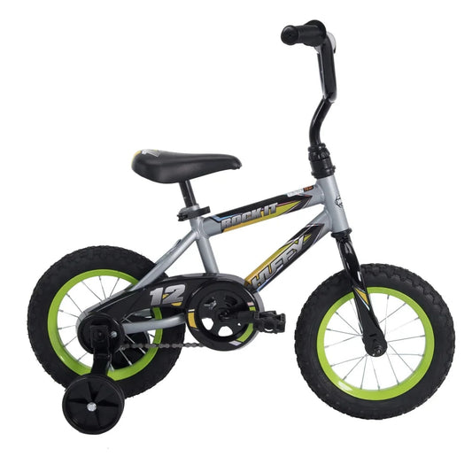 12 In. Rock It Boy Kids Bike, Silver Matte and Lime Mini Velo Pliant
