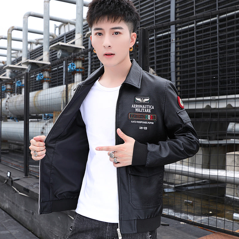 Embroidered Print Handsome Leather Coat Men's Spring and Autumn Business Casual image 1