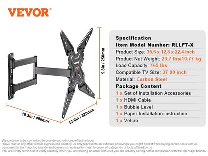 VEVOR Full Motion TV Mount Fit for Most 26-90in TVs Swivel Tilt Horizontal Adju image 4