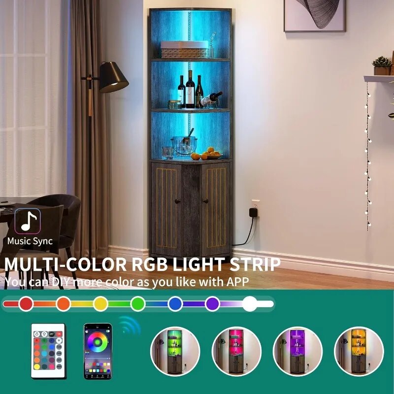 Living Room Cabinet Corner Cabinet with LED Lights, 71.1 "bookcase with Storage image 4