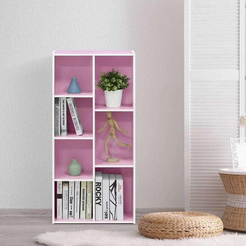 Furinno 11048 7-Cube Reversible Open Shelf Book Shelf Furniture , White/Pink