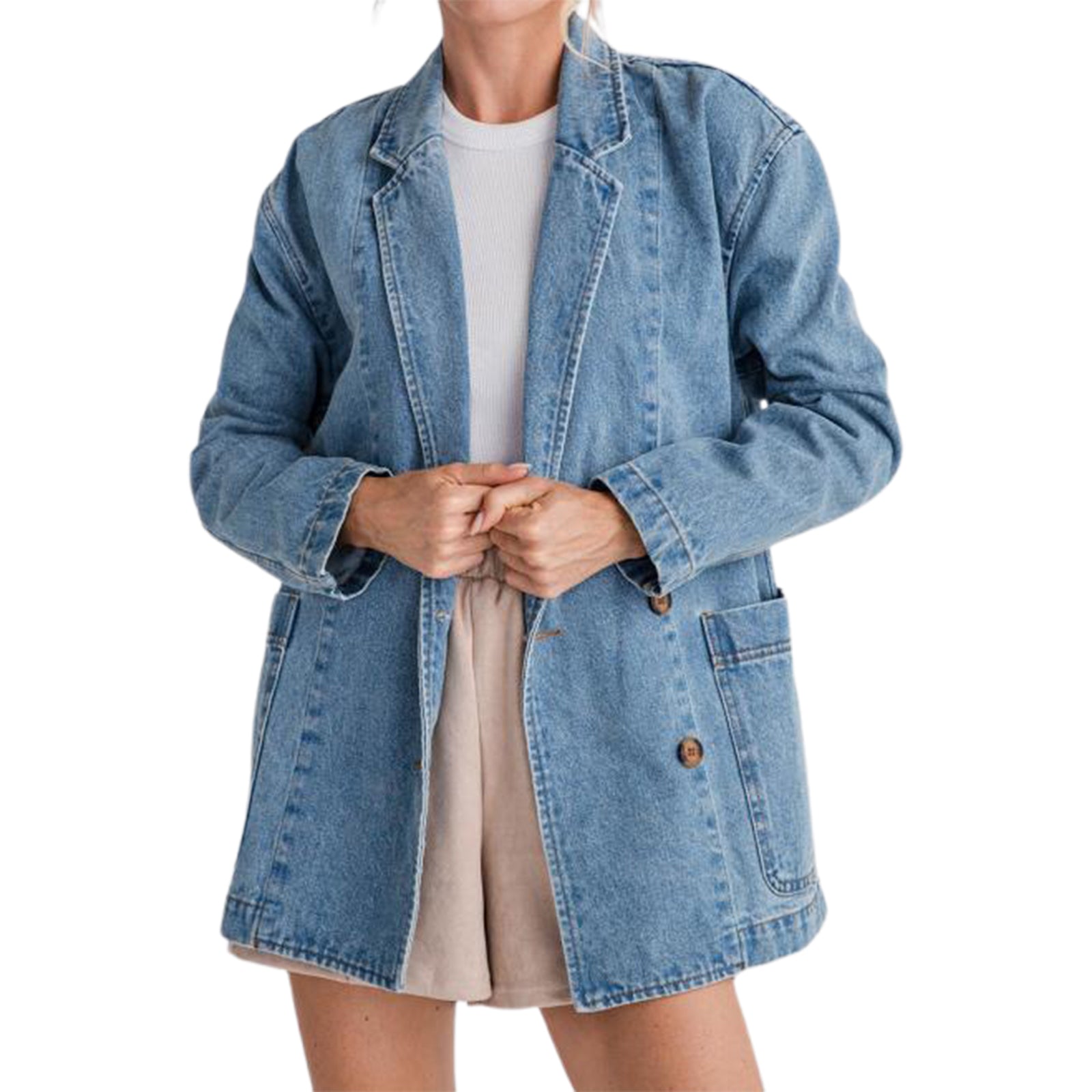 Women s Denim Blazer Stylish Long Sleeve Lapel Collar Button Closure Jacket wit image 0