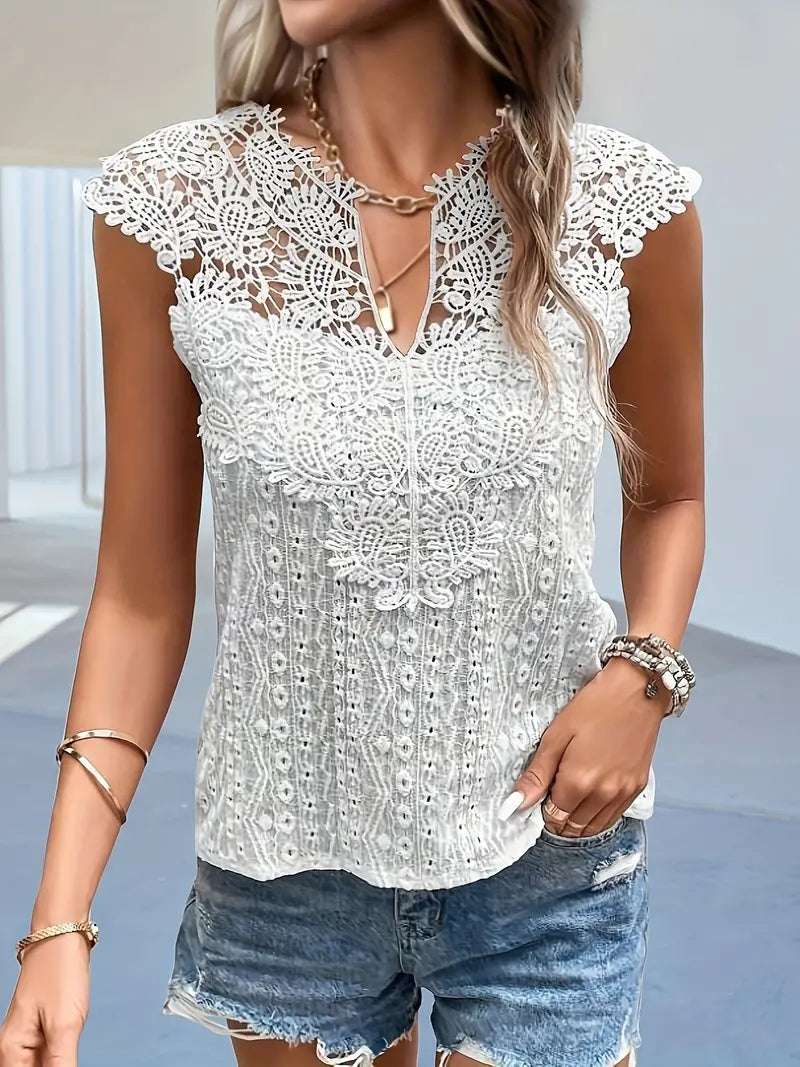 2024 euro-n Womenpring and summer V-neck lace solid color patchwork pullover