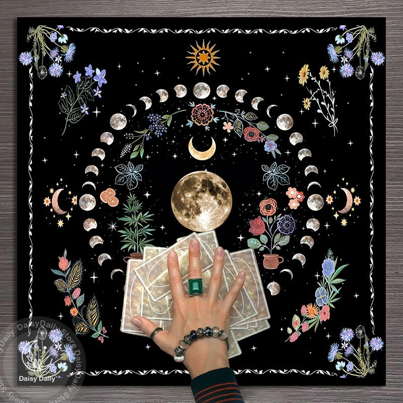 Botanical Moon Flower Tarot Tablecloth Triple Moon Altar Cloth Alter Cloth for image 0